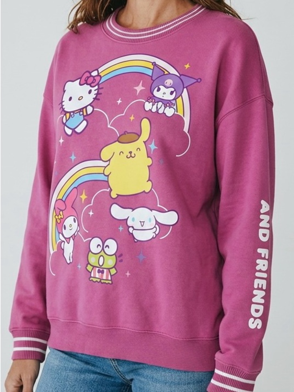 Hello Kitty Hot Pink Crewneck Sweatshirt with Character Rainbow Graphic Size XXL